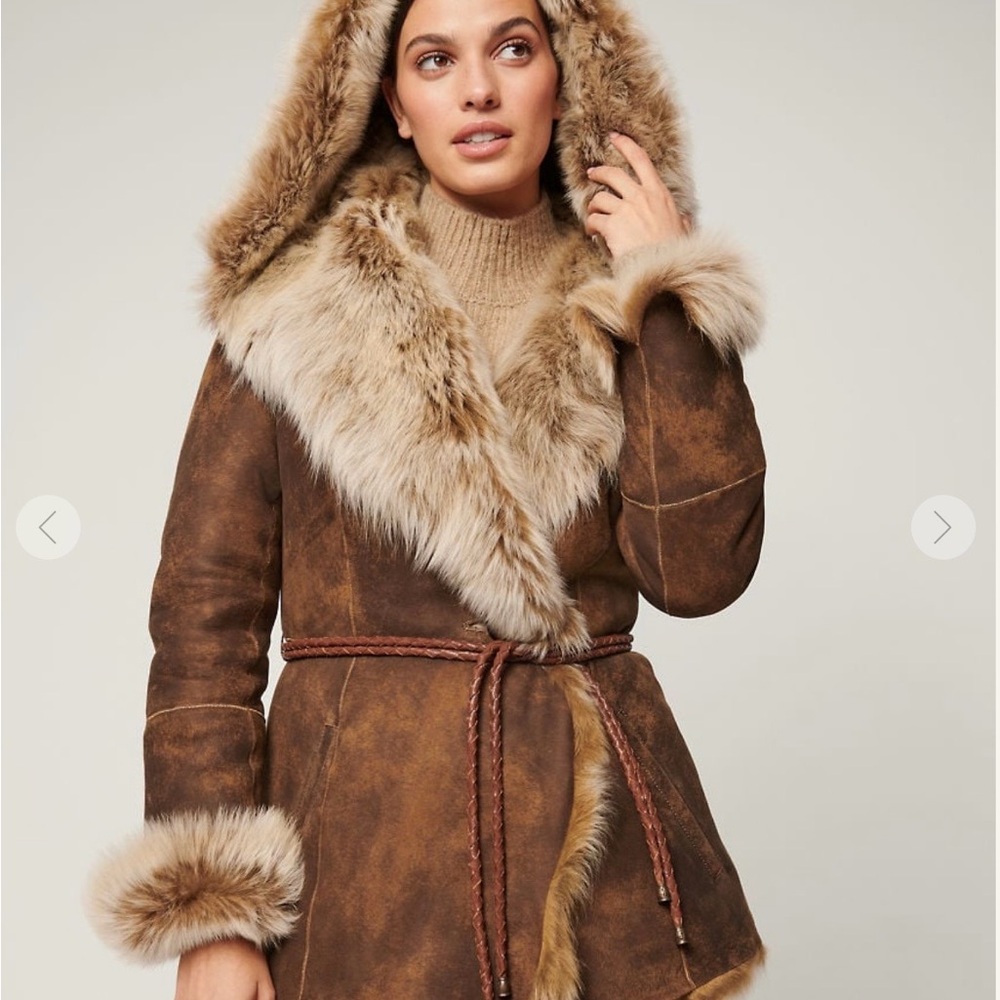Overland Natasha Hooded Toscana Sheepskin Brown Leather and Fur Coat Small - Picture 2 of 11